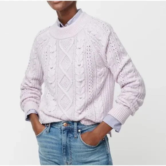 J. Crew Lambswool Azra Cable Knit Pom-Pom Sweater Vivid Lilac Size‎ Medium - Picture 4 of 12